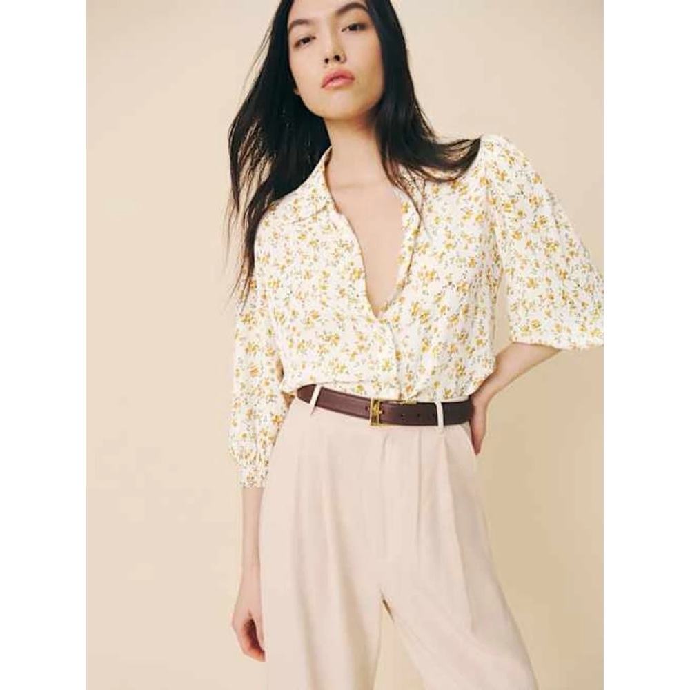 Reformation Tansy Top Blouse Floral Ruffle Trim Long Sleeve Feminine NWT Sz XS